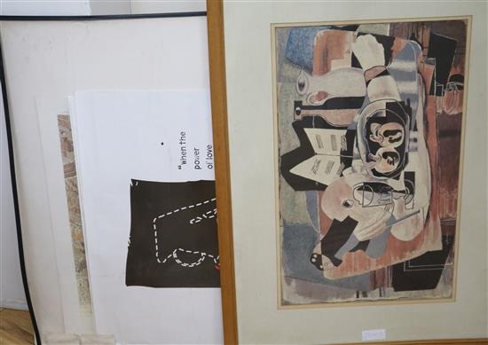 A group of assorted framed posters and a colour print